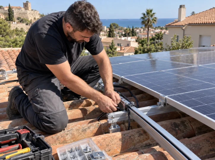 Instalador revisando el anclaje de una instalación de placas solares en un tejado