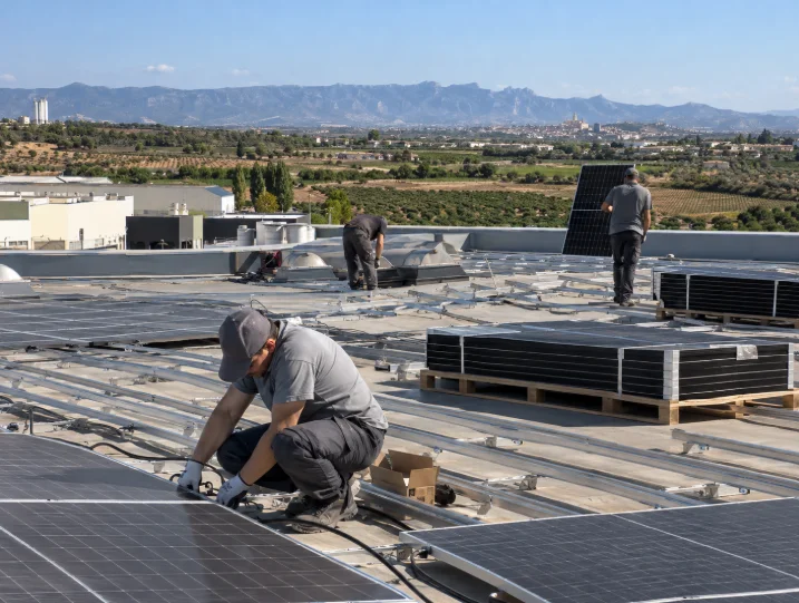 Instaladores colocando placas solares en la cubierta de una nave industrial