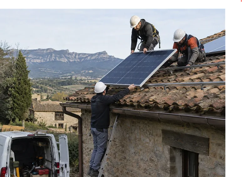 Instaladores colocando placas solares en el tejado de una vivienda
