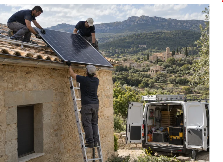 Instaladores colocando placas solares en el tejado de una vivienda de piedra en Tarragona