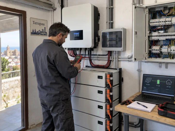 Técnico instalando un sistema de baterías solares en una vivienda de Tarragona