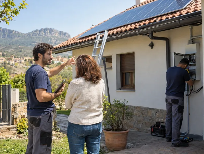 Instalador explicando la instalación de placas solares a una clienta en su vivienda
